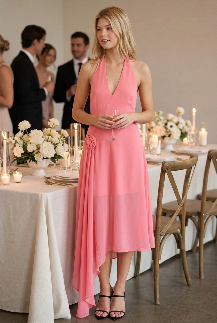 Coral chiffon halter dress wedding reception lifestyle