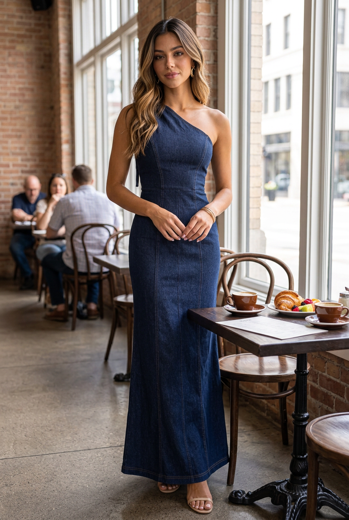 Midnight Muse denim maxi dress at a city café brunch