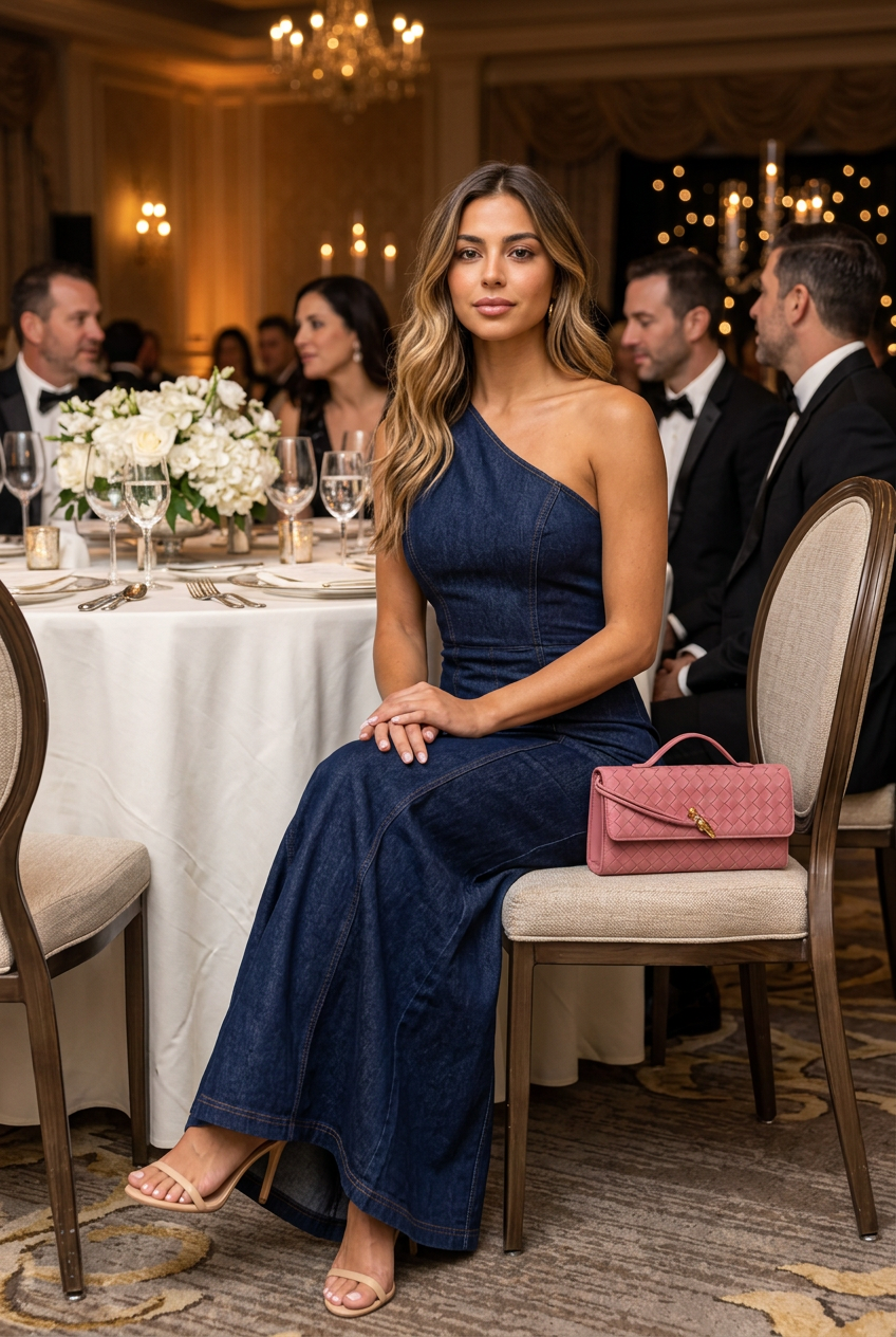 Midnight Muse denim maxi dress worn seated at a gala with a pink handbag
