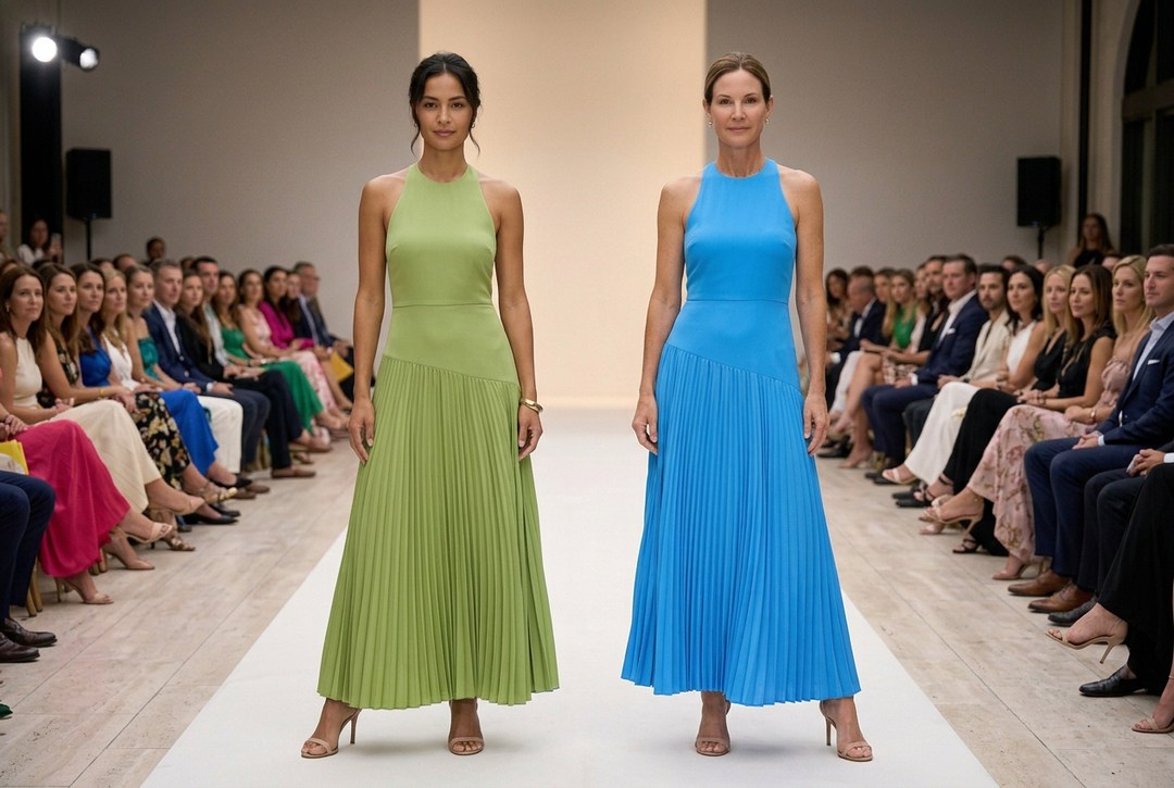 Models standing on the runway in green and blue pleated maxi dresses