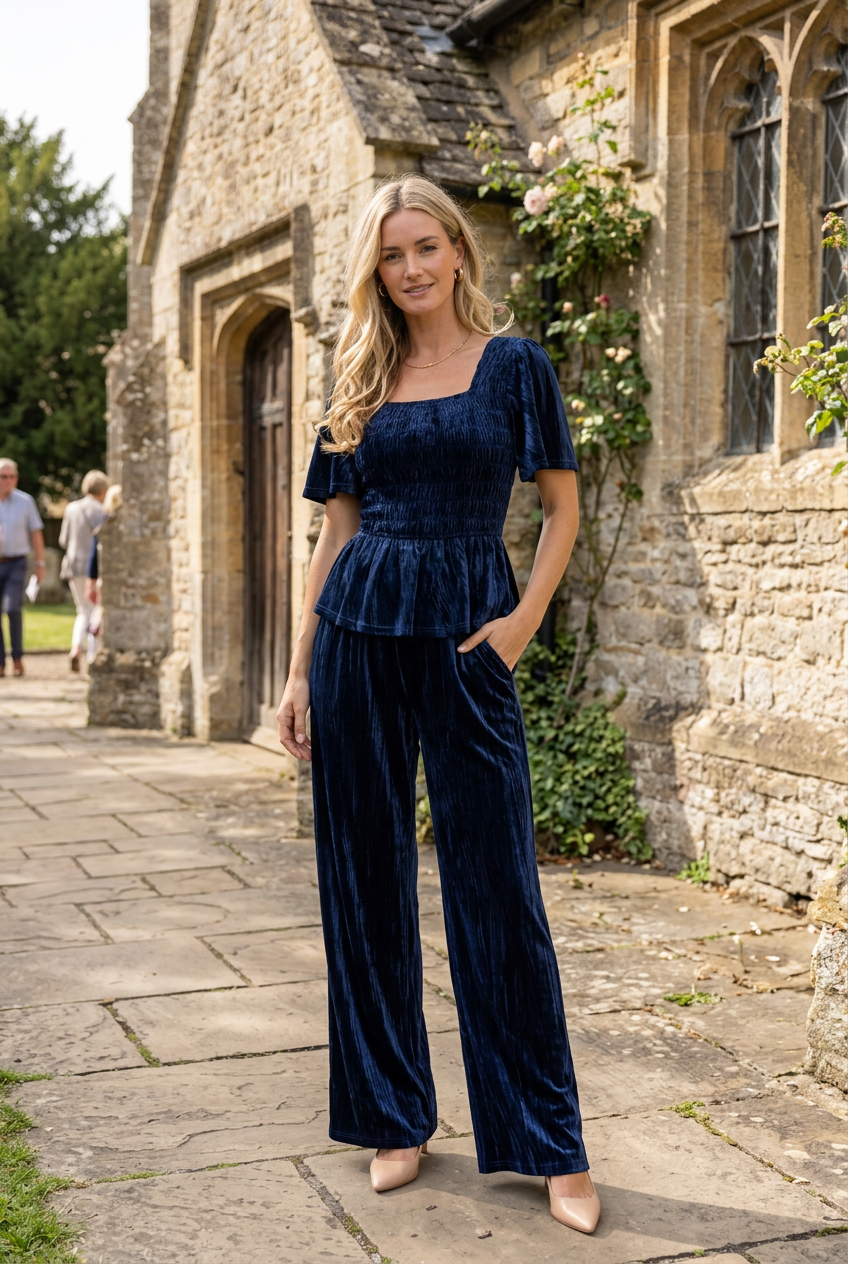 Navy velvet set outside a church