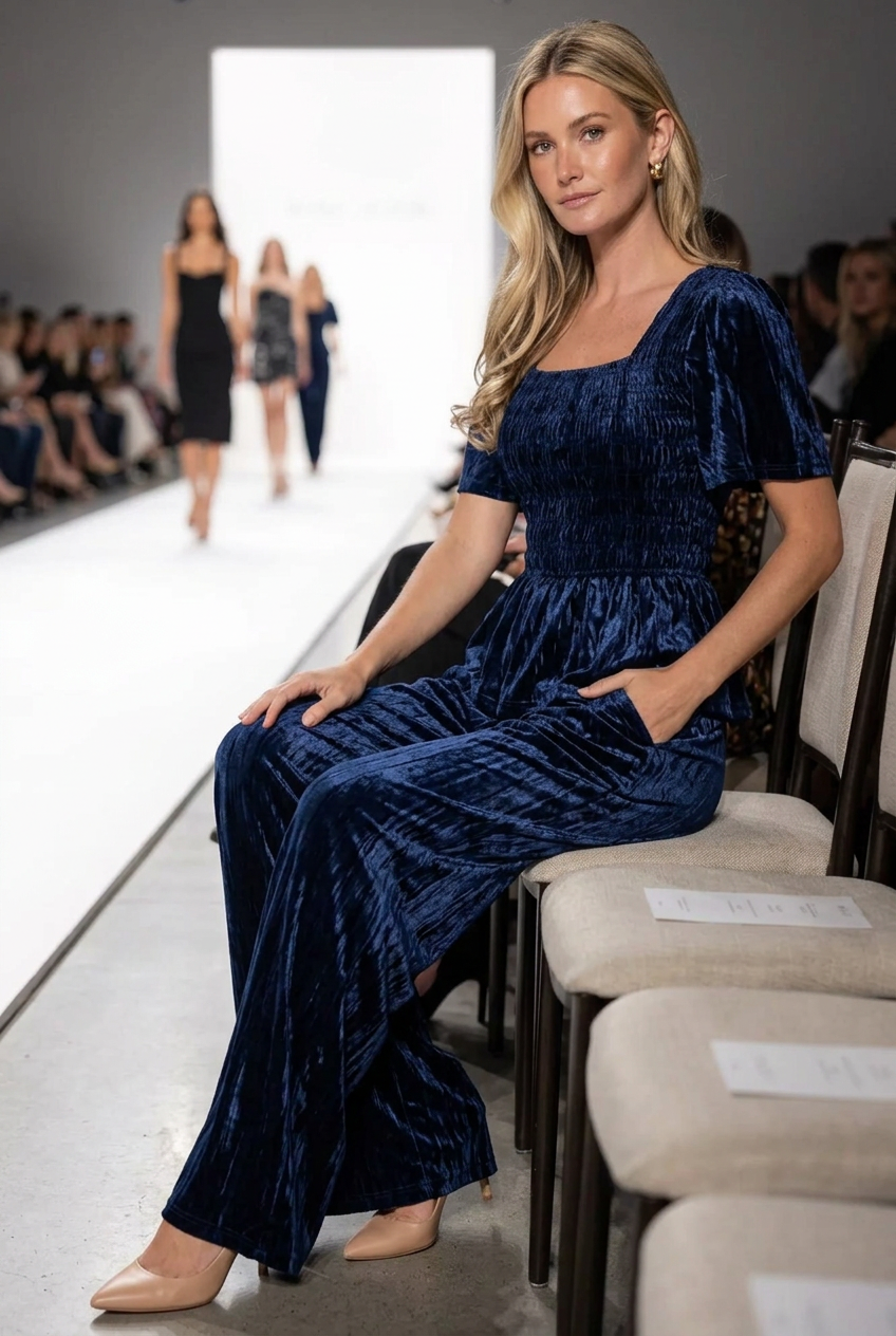 Navy velvet wide-leg set worn seated front row at a fashion show
