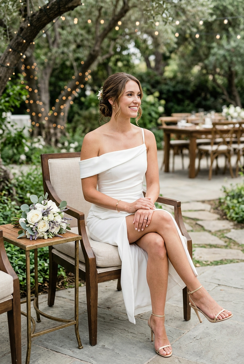 White dress seated at a bridal reception