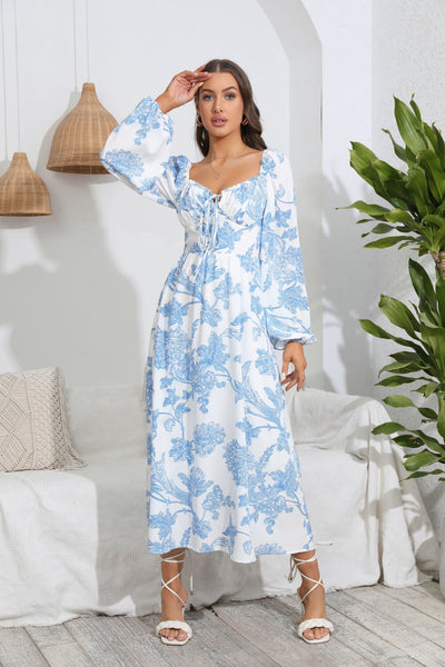 Floral Tie Front Sweetheart Neck Midi Dress - LoveandModesty