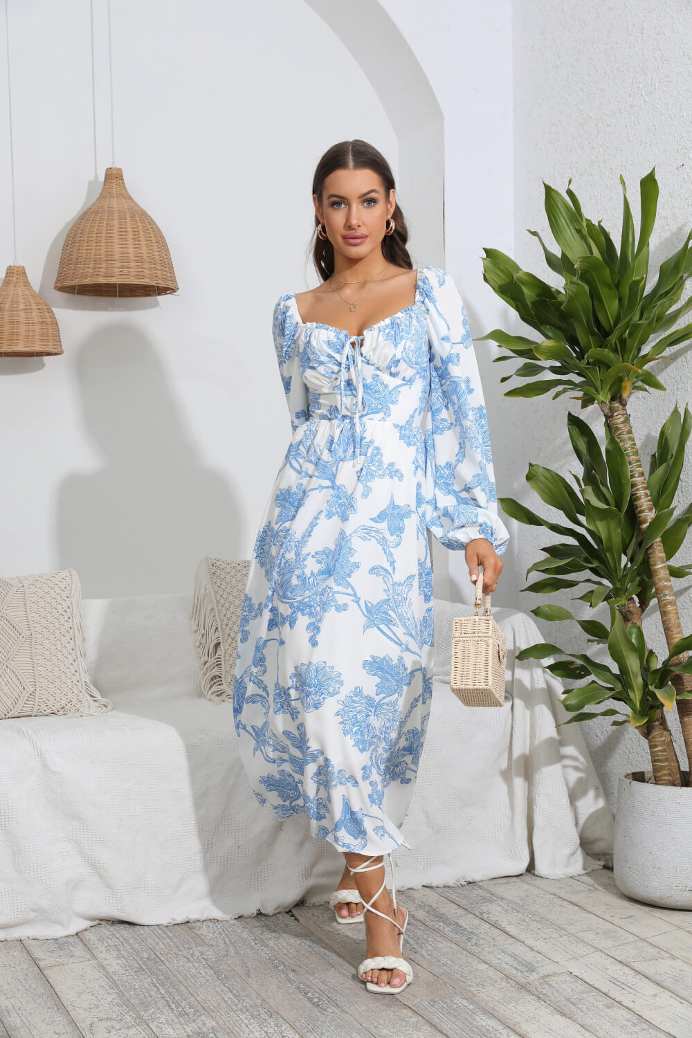 Floral Tie Front Sweetheart Neck Midi Dress - LoveandModesty